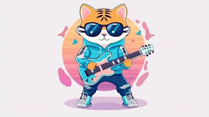 Cool Cat Rocker Tiger Playing Electric Guitar in Retro Style