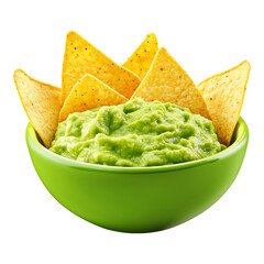 A vibrant and playful 3D illustration showcasing a cartoon-style bowl filled with creamy guacamole, surrounded by a scattering of bright yellow tortilla chips on a transparent background.