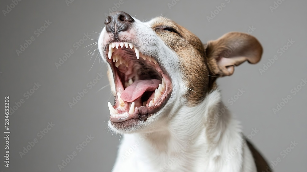 Poster CloseUp of a Dog Yawning Showing Its Teeth in a Playful Expression with a Neutral Background : Generative AI