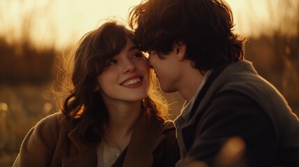 Obraz premium Romantic moments shared between a young couple during sunset in a serene outdoor setting