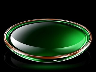 Green oval object with golden and silver rim on black background