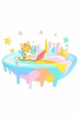 Obraz premium Adorable Tiger Cub Reading a Book on a Pastel Dreamland