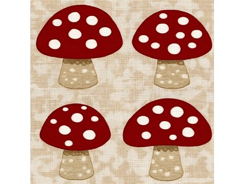 Four mushrooms appear across the image showing red caps and dots