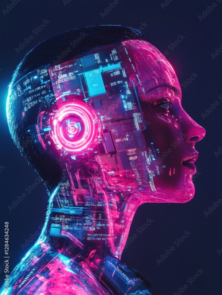 Leinwandbilder futuristic human profile featuring mechanical structures and glowing robotic eye. generative ai