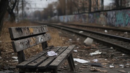 Fototapeta premium Abandoned urban bench surrounded by trash and overgrown grass near a railway track illustrating neglect : Generative AI