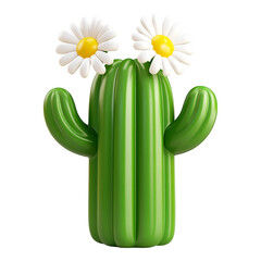 A vibrant green 3D cartoon-style cactus featuring two cheerful white daisy flowers perched on top, artistically rendered against a transparent background, perfect for creative projects.