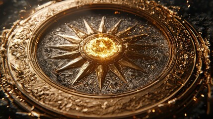 Ornate golden sun shield, glowing center, dark background, celebratory