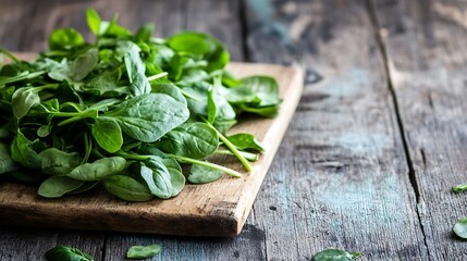 Fototapeta premium Fresh Spinach Leaves on a Rustic Wooden Surface Perfect for Healthy Cooking and Nutrition : Generative AI