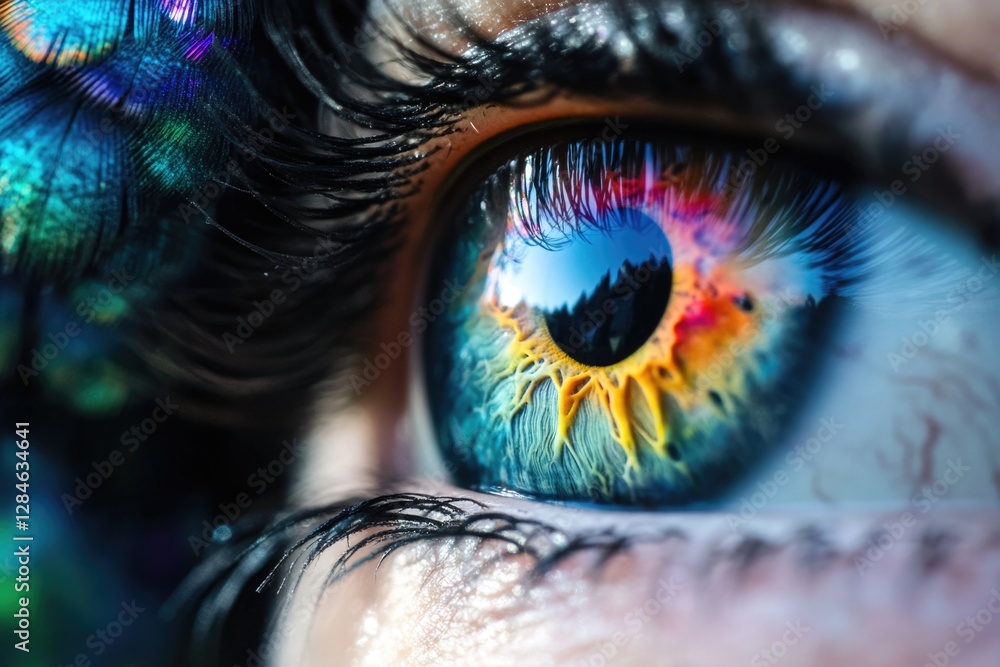 Poster a close-up of an eye with a colorful iris and reflection. beautiful, vibrant colors create a macro s