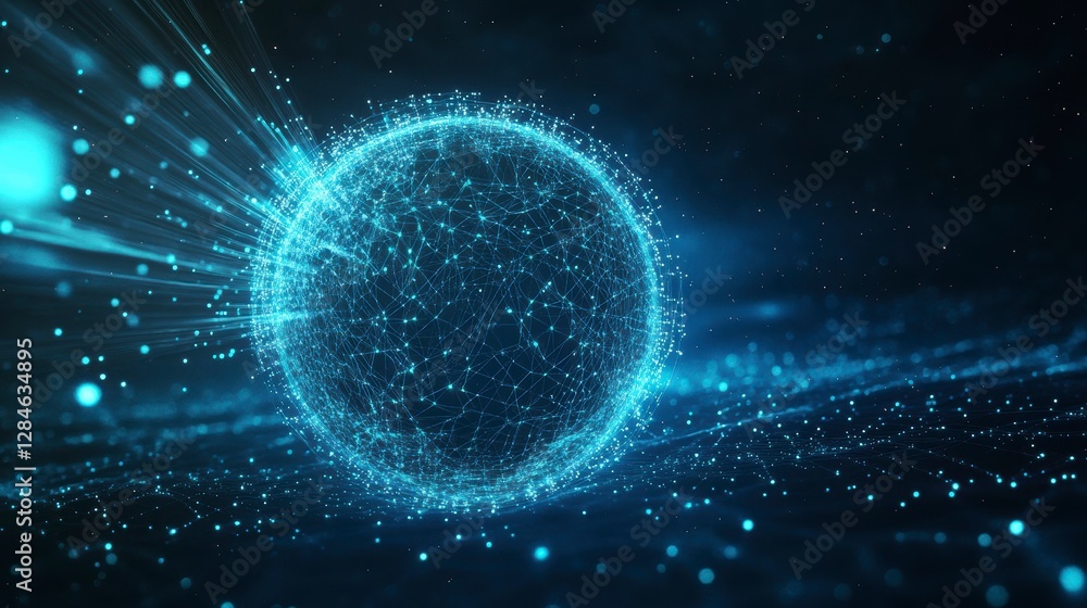 Poster abstract digital globe in motion on dark background. possible use scientific visualization, technolo