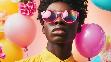 Unique fashion portrait of a person in vibrant sunglasses amid colorful balloons and flowers