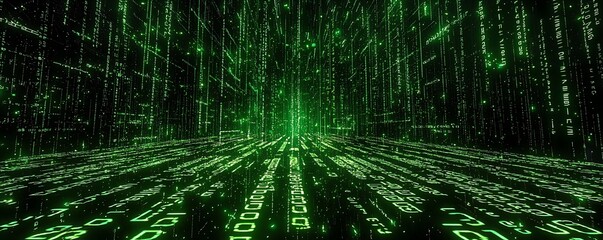 Digital binary code matrix background, showcasing 3D-rendered binary data in a complex network representing connectivity and data flow