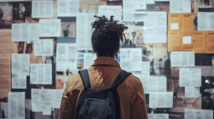 Student scanning campus bulletin board, reading notices and job postings, seeking opportunities for work or internship