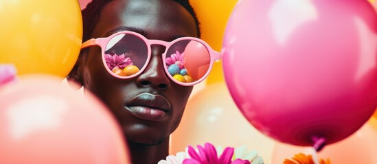 Young person wears pink sunglasses surrounded by colorful balloons at a vibrant outdoor celebration during warm afternoon