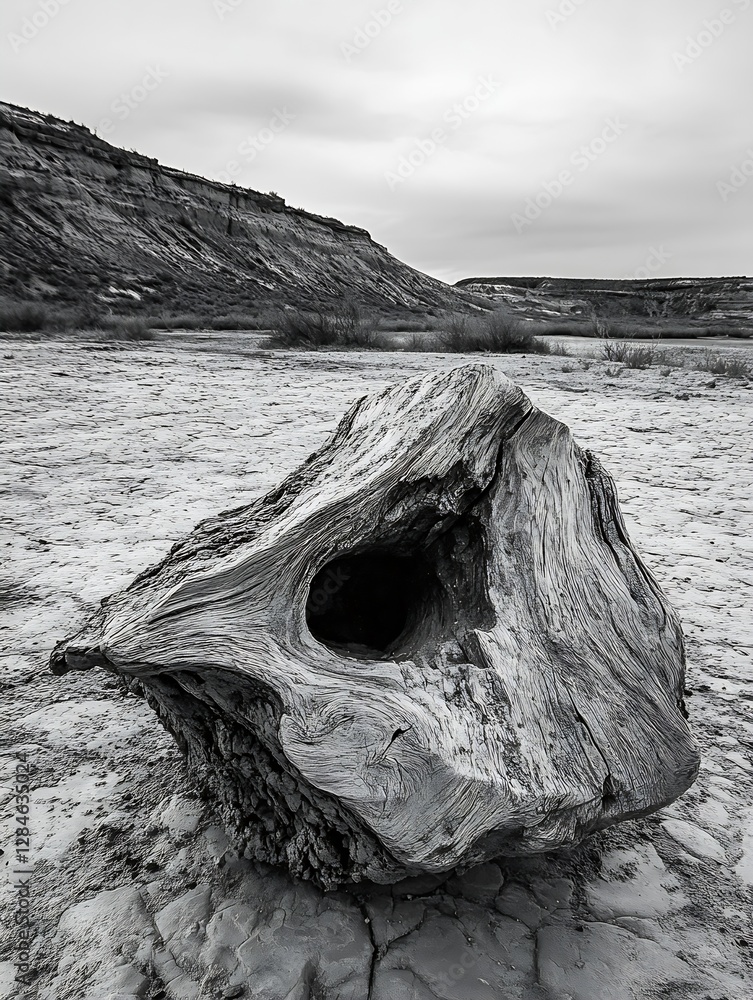 Poster Weathered Wooden Log on a Dry Landscape with Hills in the Background : Generative AI