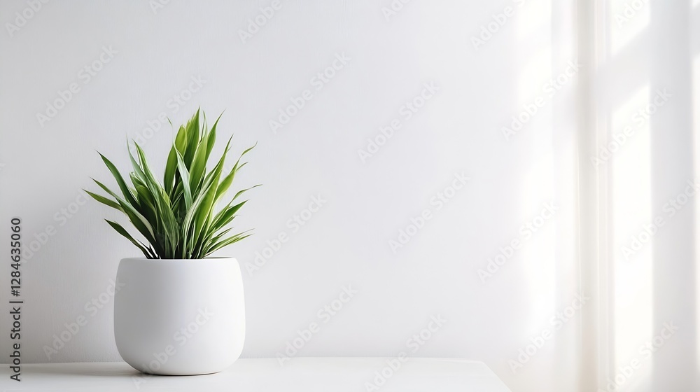 Poster beautiful green plant in a modern white pot on a light background creating a serene indoor environme
