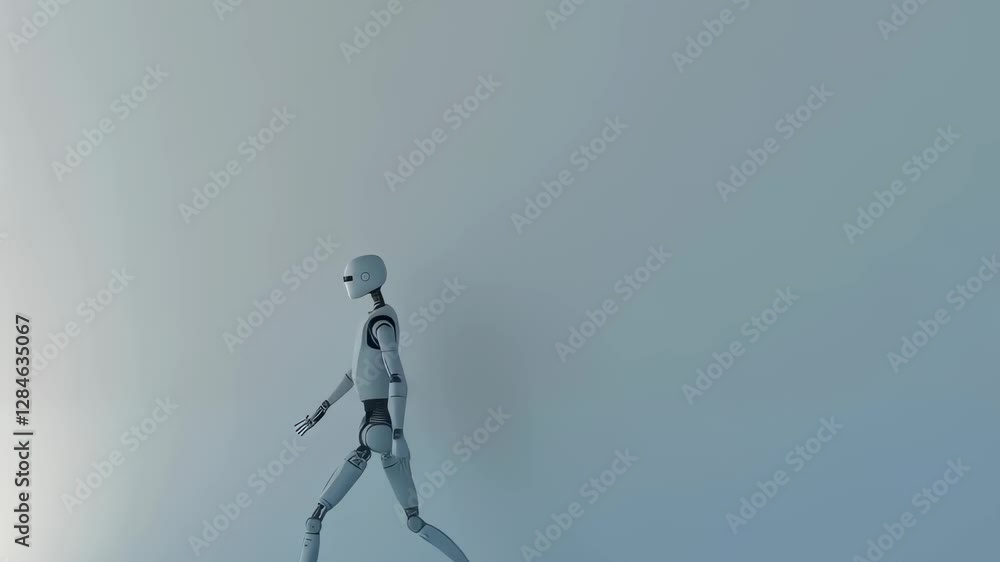 Poster minimalist animation of metallic figure walking on white surface against grey background. simple mod