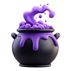 A whimsical 3D cartoon-style cauldron bubbling over with a vibrant purple potion, set against a transparent backdrop, inviting magical vibes and enchanting feelings of fantasy.