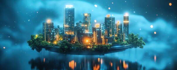 Futuristic floating city at night with illuminated skyscrapers and glowing atmosphere