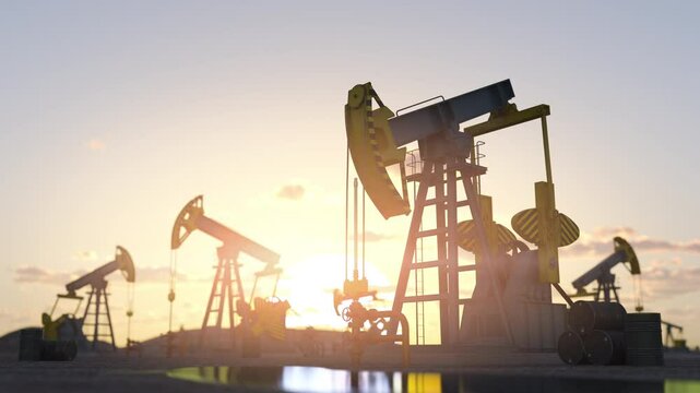 Working oil pump and oil barrels on oil production field. 3d animation