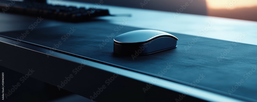 Poster sleek minimalist wireless mouse on modern black desk with keyboard in soft lighting