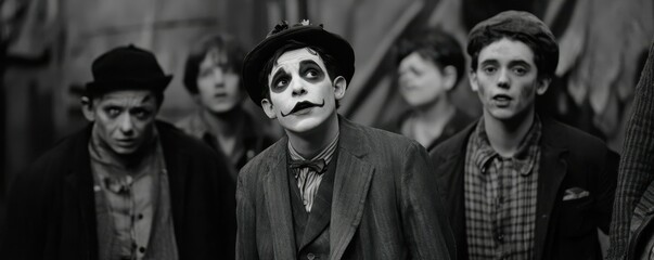 Monochrome scene of men in vintage costumes with painted faces and expressive looks