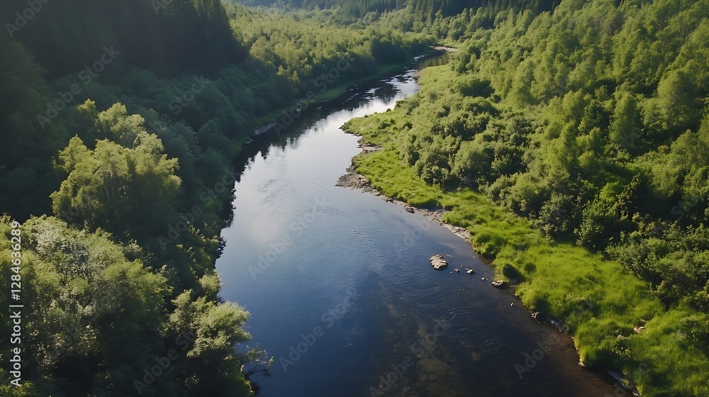 Poster breathtaking view of a winding river flowing through lush greenery under a clear sky : generative ai