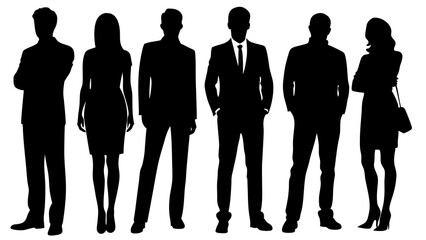 Vector silhouettes of men and a women, a group of standing business people, profile, black color isolated on white background