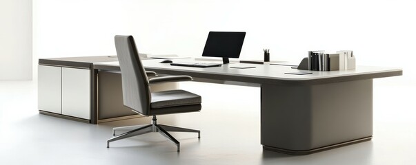Modern executive office desk with computer and chair in minimalist workspace