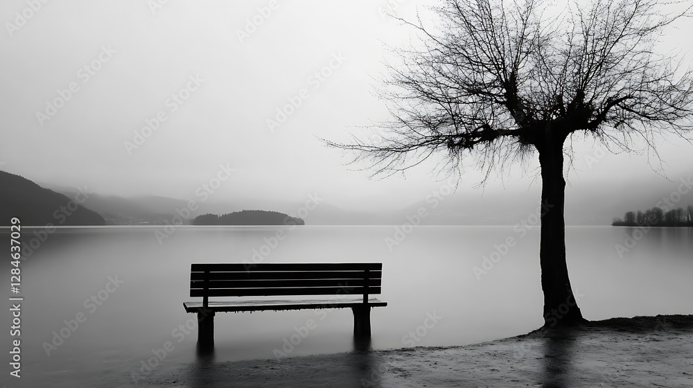 Poster Serene black and white image of a lonely bench under a leafless tree by the calm lake : Generative AI