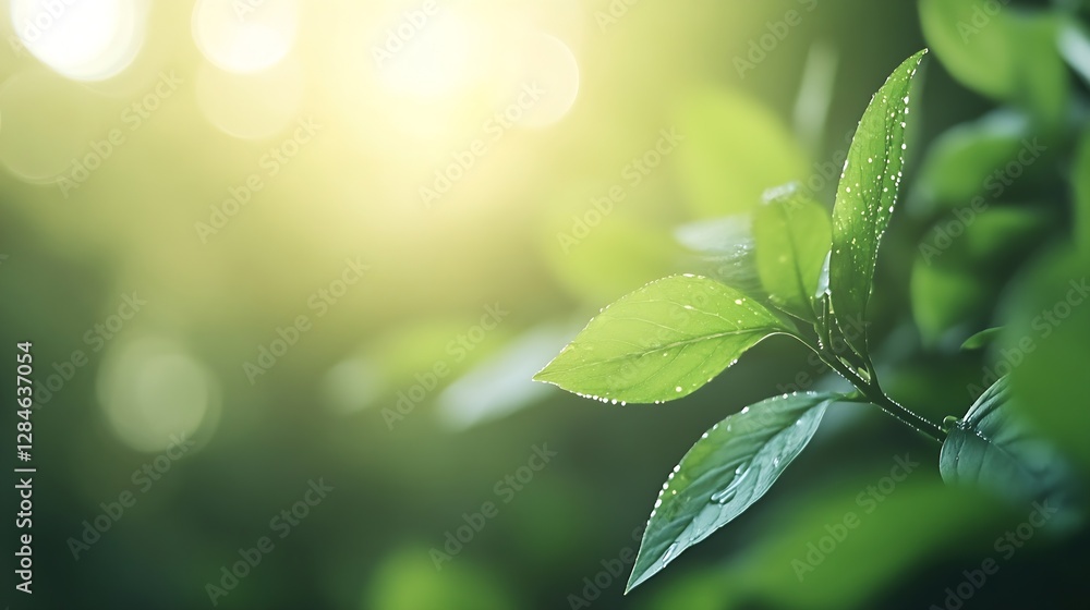 Poster close up of fresh green leaves glistening with water droplets in soft sunlight creating a serene atm