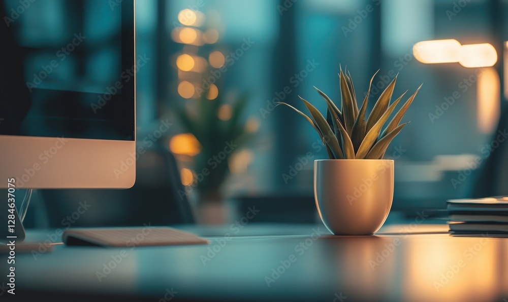 Poster modern office workspace viewed from desk with plant and computer during evening hours