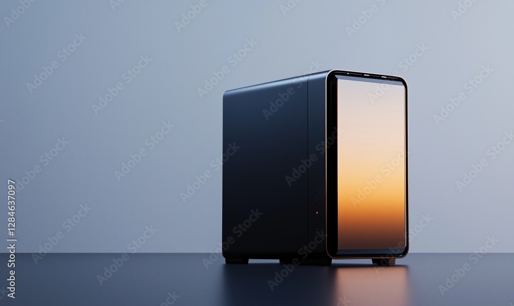 Poster ultra-realistic desktop computer showcasing transparent side panel from 45-degree and front perspect