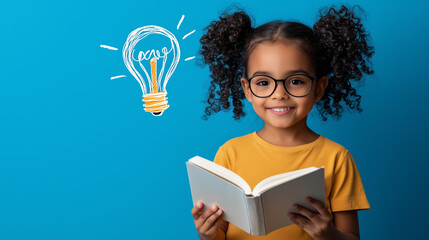 A curious young girl wearing glasses, holding a book, with a creative lightbulb illustration behind her on a blue background.