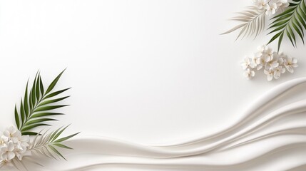 Fototapeta premium Elegant white silk draped with flowers and leaves