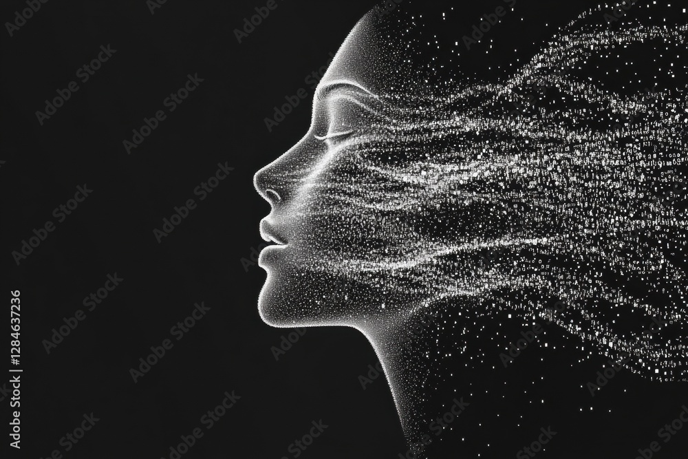 Leinwandbilder Human face outline transforming into binary code stream portraying futuristic AI concepts in a dark setting. Generative AI