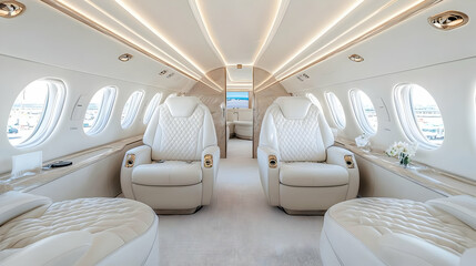 Fototapeta premium Luxurious interior of a private jet cabin featuring comfortable white leather seats illuminated by bright natural light.