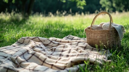 A picnic basket on a blanket in the grass with a beautiful day. Perfect setting for outdoor relaxation and leisure.