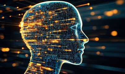 Digital head composed of glowing data points and code lines illustrating artificial intelligence technology with holographic effects
