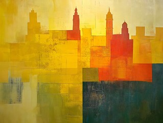 Abstract Cityscape: A vibrant and artistic portrayal of an abstract cityscape, characterized by bold geometric shapes, warm colors, and silhouetted buildings.