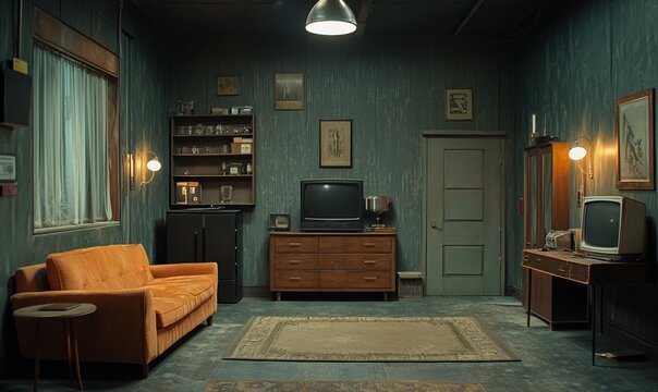 Escape room with dark furniture and cinematic lighting creates an immersive experience in a worn-out setting