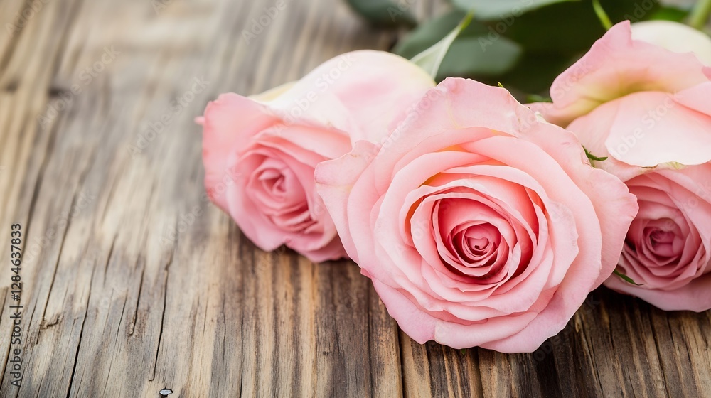 Poster delicate pink roses gently resting on rustic wooden background creating a charming and romantic ambi