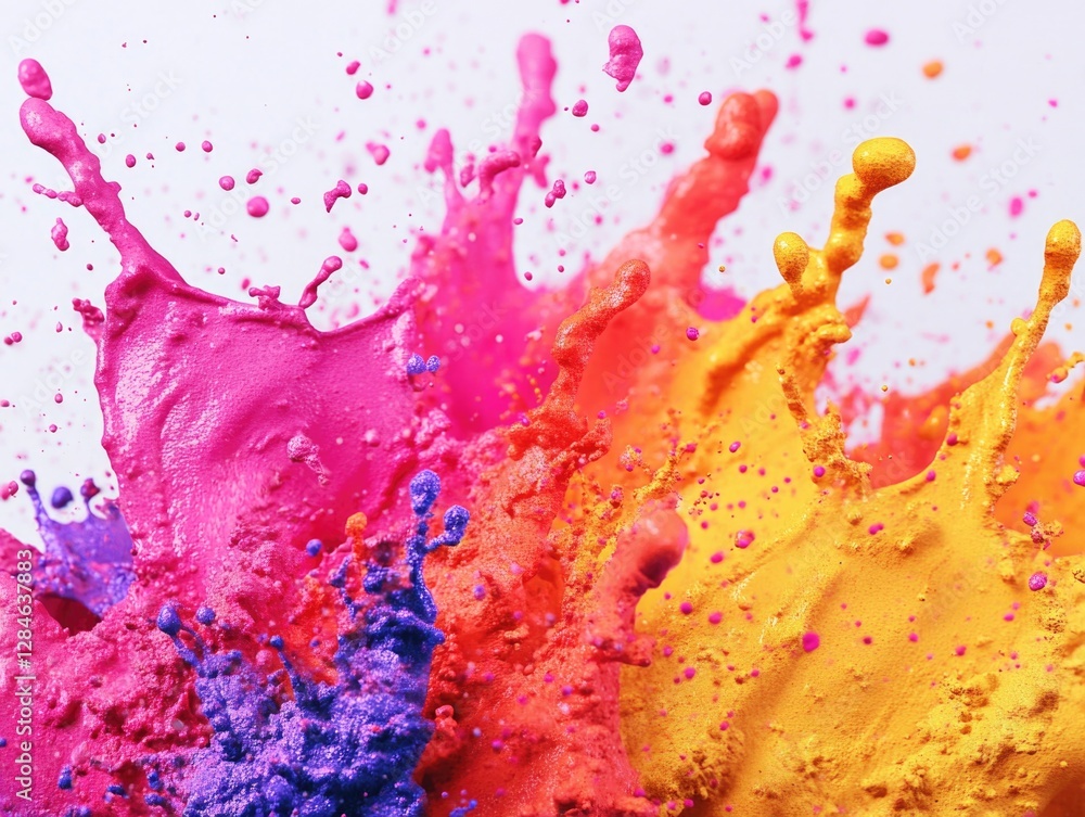 Poster vibrant powder of different colors bursting from a single point with dynamic splashes of color.