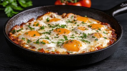 Shakshuka eggs in cast iron skillet, breakfast food