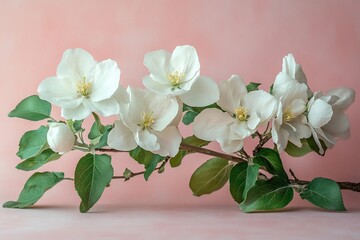 Obraz premium Delicate apple blossoms on branch against soft pink backdrop
