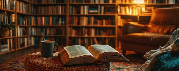 Cozy library with open book and mug on ottoman in warm ambiance