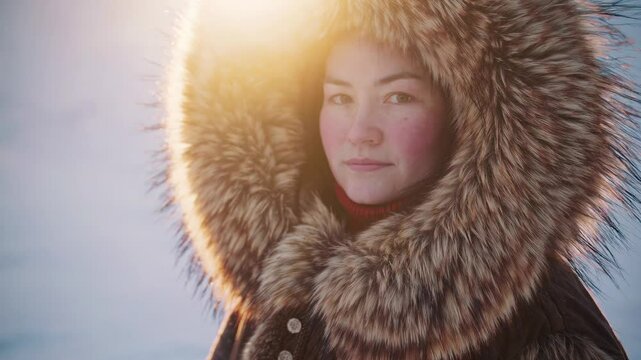 Young Indigenous woman in fur-lined hood standing in snowy landscape with soft golden sunlight