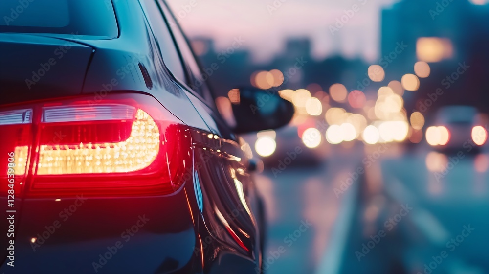Poster stylish rear view of a car in motion with glowing brake lights and bokeh background : generative ai