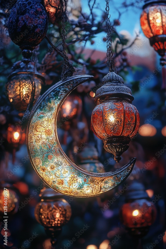 Poster ethnic night light with a large moon and star pattern. the lanterns are lit from within, creating an