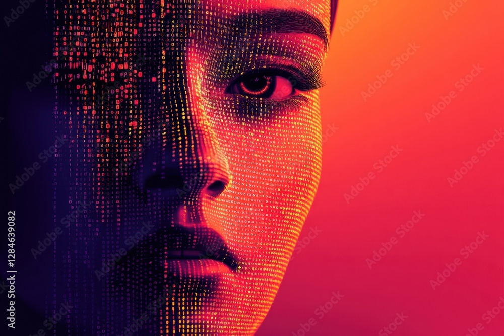 Poster Human face dissolving into binary code representing the fusion of identity and artificial intelligence technology. Generative AI